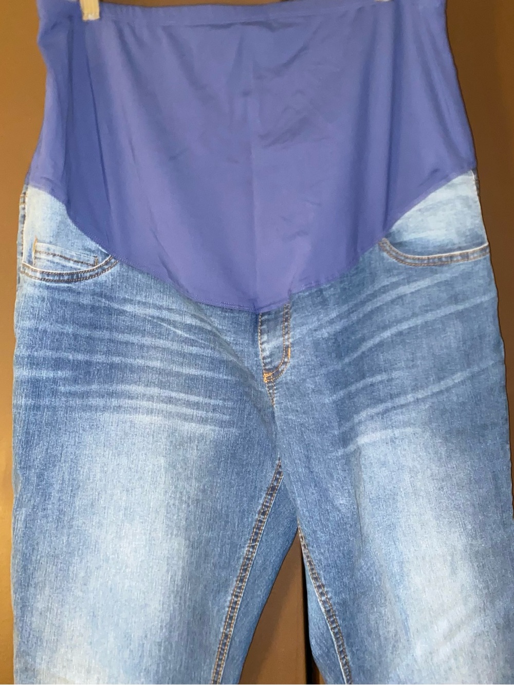 Maternity Blue Denim-Look Jeans with Purple Overpanel